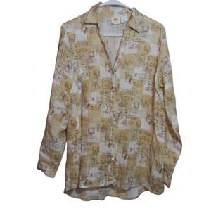 C&C Linen Beige Italy Travel Vacation Patterned Button-Up Long Sleeve Shirt SZ M